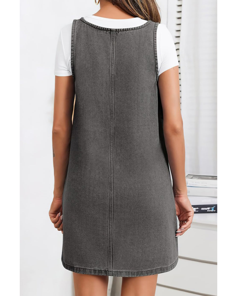 Chouyatou Women's Vintage Distressed Sleeveless Baggy Loose Denim Mini Dress with Pocket
