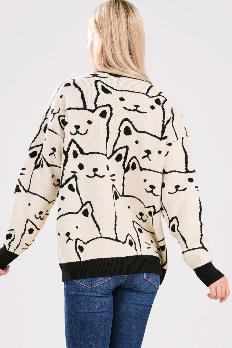 Chouyatou Women's Kawaii Cartoon Cat Cardigan Japanese Aesthetic Button Down Jacquard Knit Sweater Coat