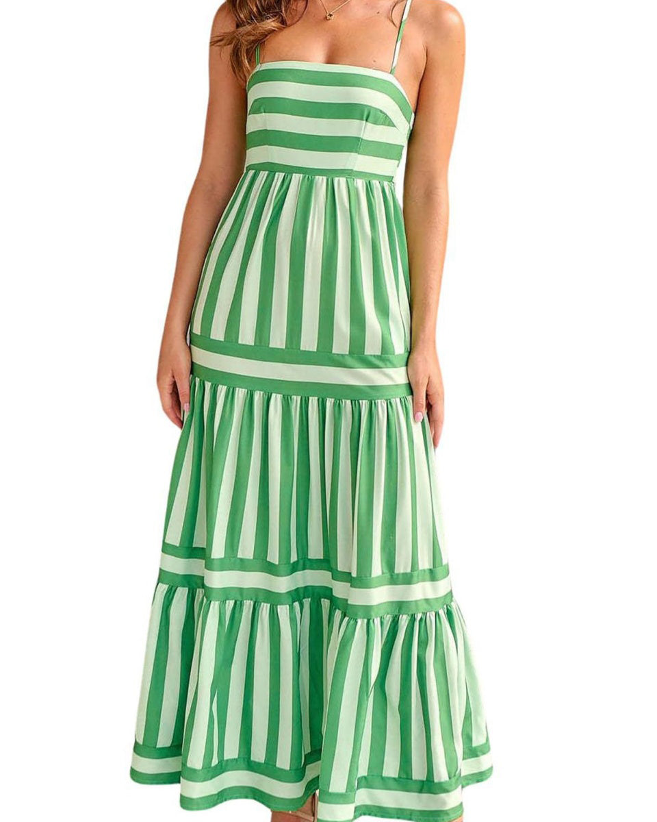 Chouyatou Women Spaghetti Strap Back Smocked Maxi Striped Dress Summer Casual Floral Flowy Beach Sun Dress