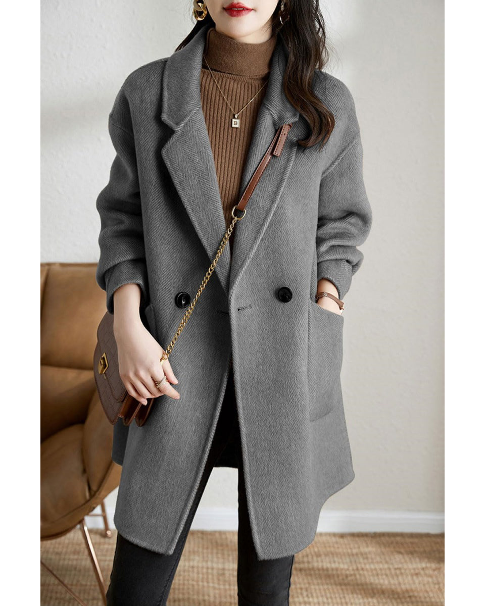 Chouyatou Women's Notch Lapel Herringbone Wool Coat Formal Office Work Double Breasted Winter Pea Coat