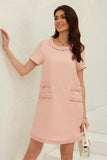 Chouyatou Women's Short Sleeve Crew Neck Tweed Dress A-line Button Part Elegant Mini Dresses