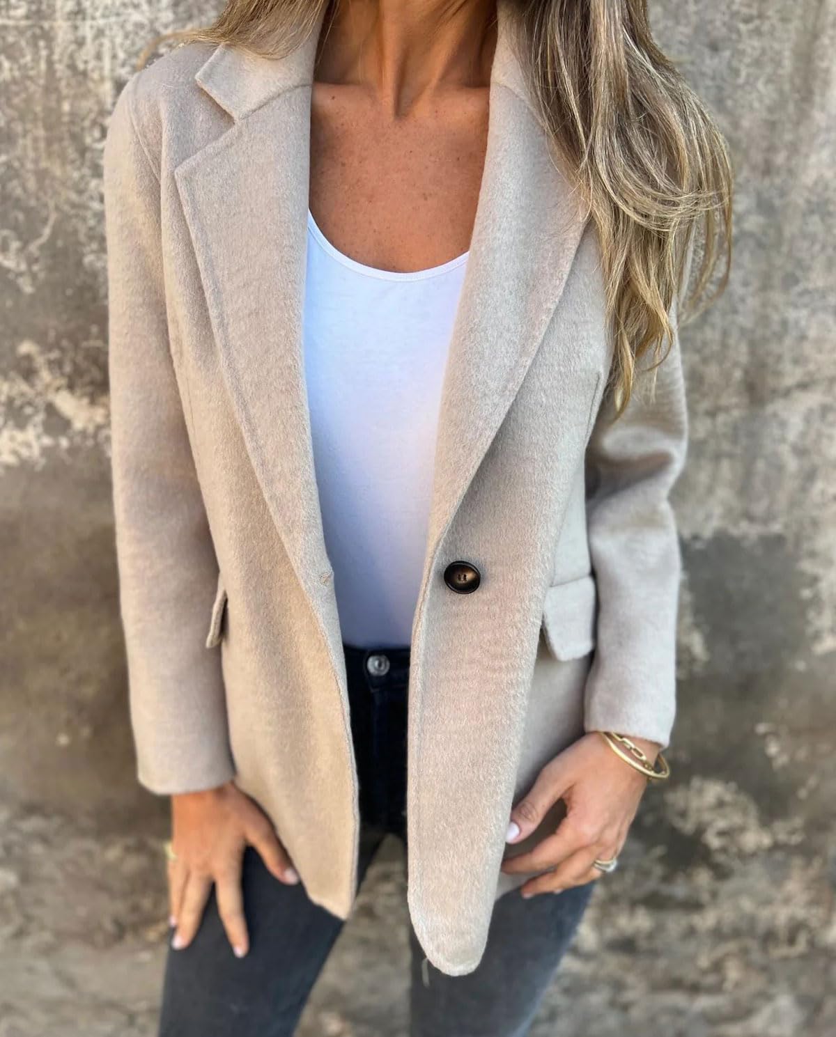 Chouyatou Women Solid Color Blazer Wool Blend Causal Business Office Open Front Short Jacket Pea Coat