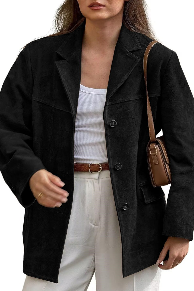 Chouyatou Women's Faux Suede Blazer Jacket Notched Lapel Single Breasted Faux Suede Leather Suit Jacket
