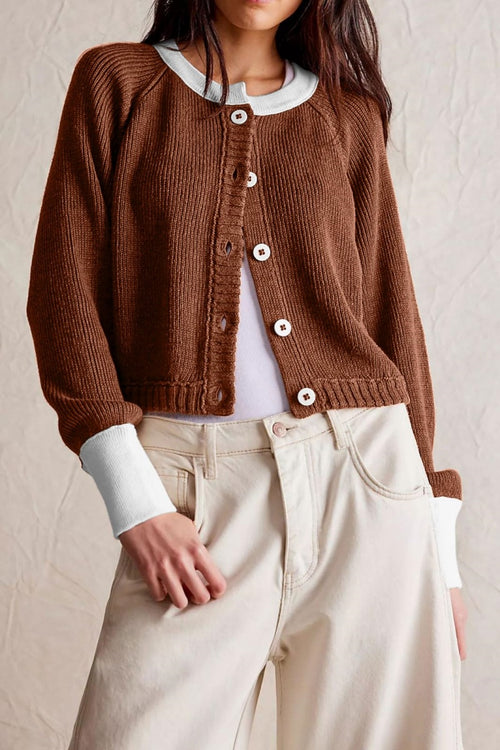 Chouyatou Women Knitted Button Down Cropped Cardigan Jacket Sweater Y2k Fall Knit Color Block Sweater Crewneck Crop Short Coat