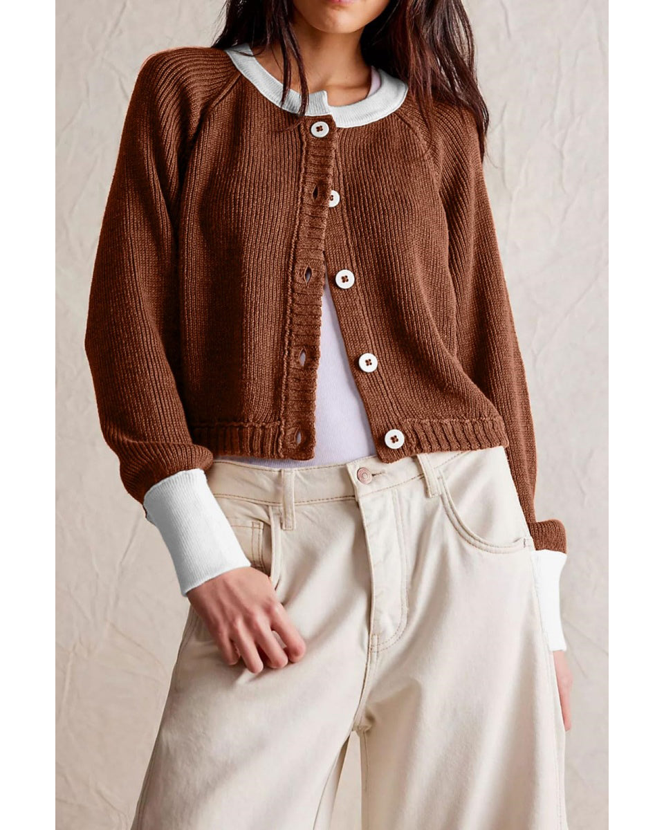 Chouyatou Women Knitted Button Down Cropped Cardigan Jacket Sweater Y2k Fall Knit Color Block Sweater Crewneck Crop Short Coat