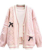 Chouyatou Womens Kawaii Cute Bowknot Cable Knit Cardigans Sheep V Neck Button Down Slouchy Preppy Wool Blend Sweater Coat