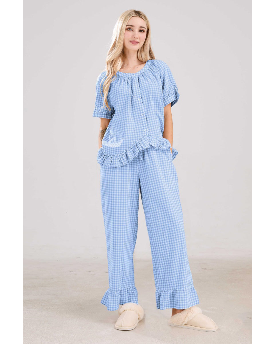 Chouyatou Womens Gingham Pajama Set 2 Piece Short Sleeve Babydoll Shirt and Pants Lounge Set Cute Sleepwear