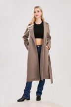 Chouyatou Womens Long Wool Pea Coats Notched Collar Open Front Woolen Blend Trench Coat with Belt