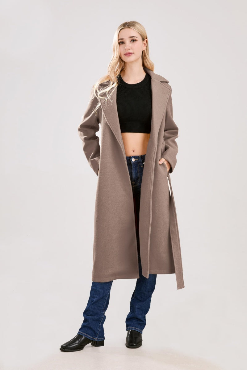 Chouyatou Womens Long Wool Pea Coats Notched Collar Open Front Woolen Blend Trench Coat with Belt