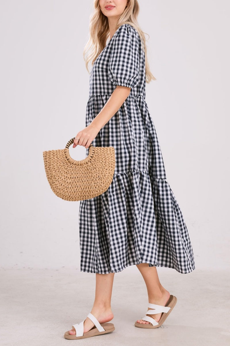 Chouyatou Women's Retro Lantern Puff Sleeve Plaid Dress Gingham Swing Tiered Midi Long Dress