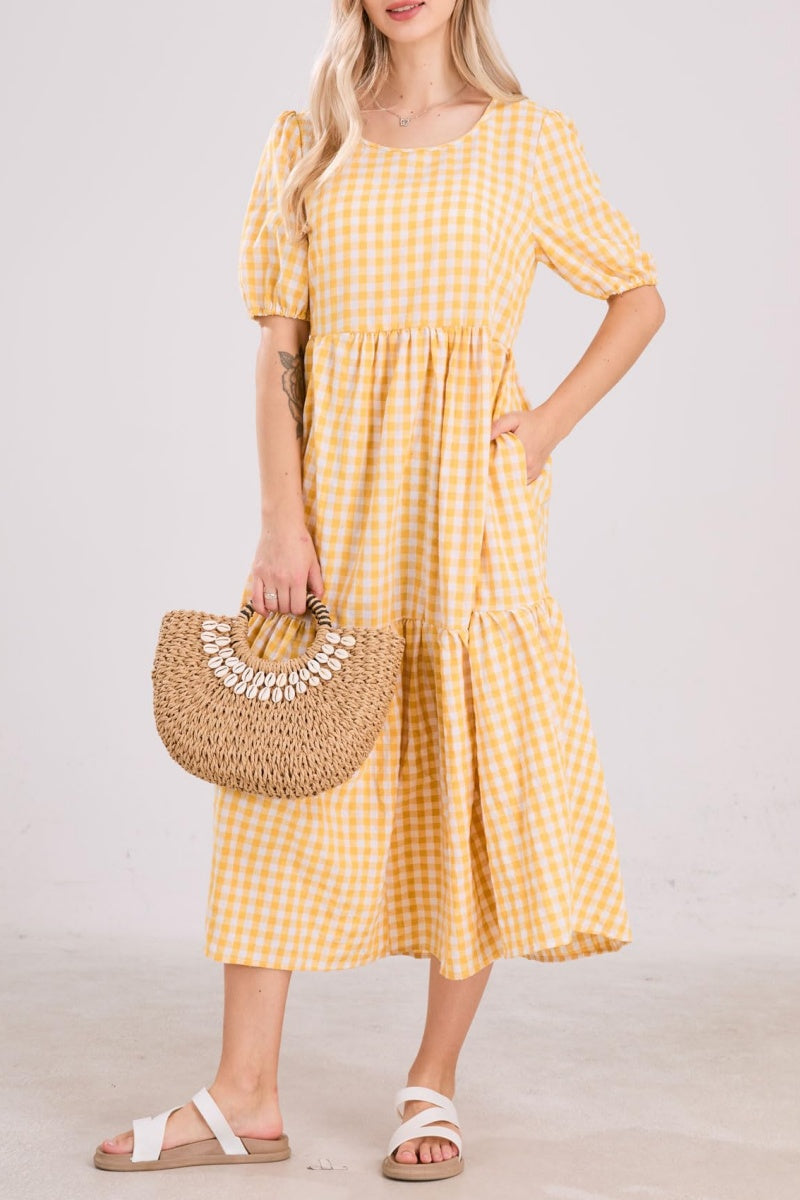 Chouyatou Women's Retro Lantern Puff Sleeve Plaid Dress Gingham Swing Tiered Midi Long Dress