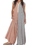 Chouyatou Loose Striped Wide Leg Jumpsuit for Women Summer Romper Flowy Pants Comfy Sleeveless Button Baggy Overalls
