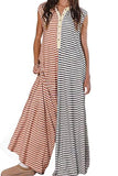 Chouyatou Loose Striped Wide Leg Jumpsuit for Women Summer Romper Flowy Pants Comfy Sleeveless Button Baggy Overalls