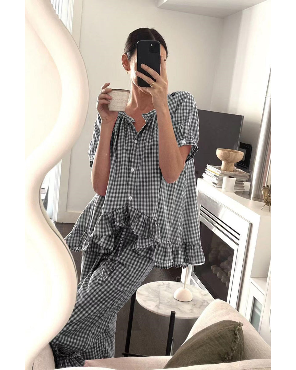 Chouyatou Womens Gingham Pajama Set 2 Piece Short Sleeve Babydoll Shirt and Pants Lounge Set Cute Sleepwear