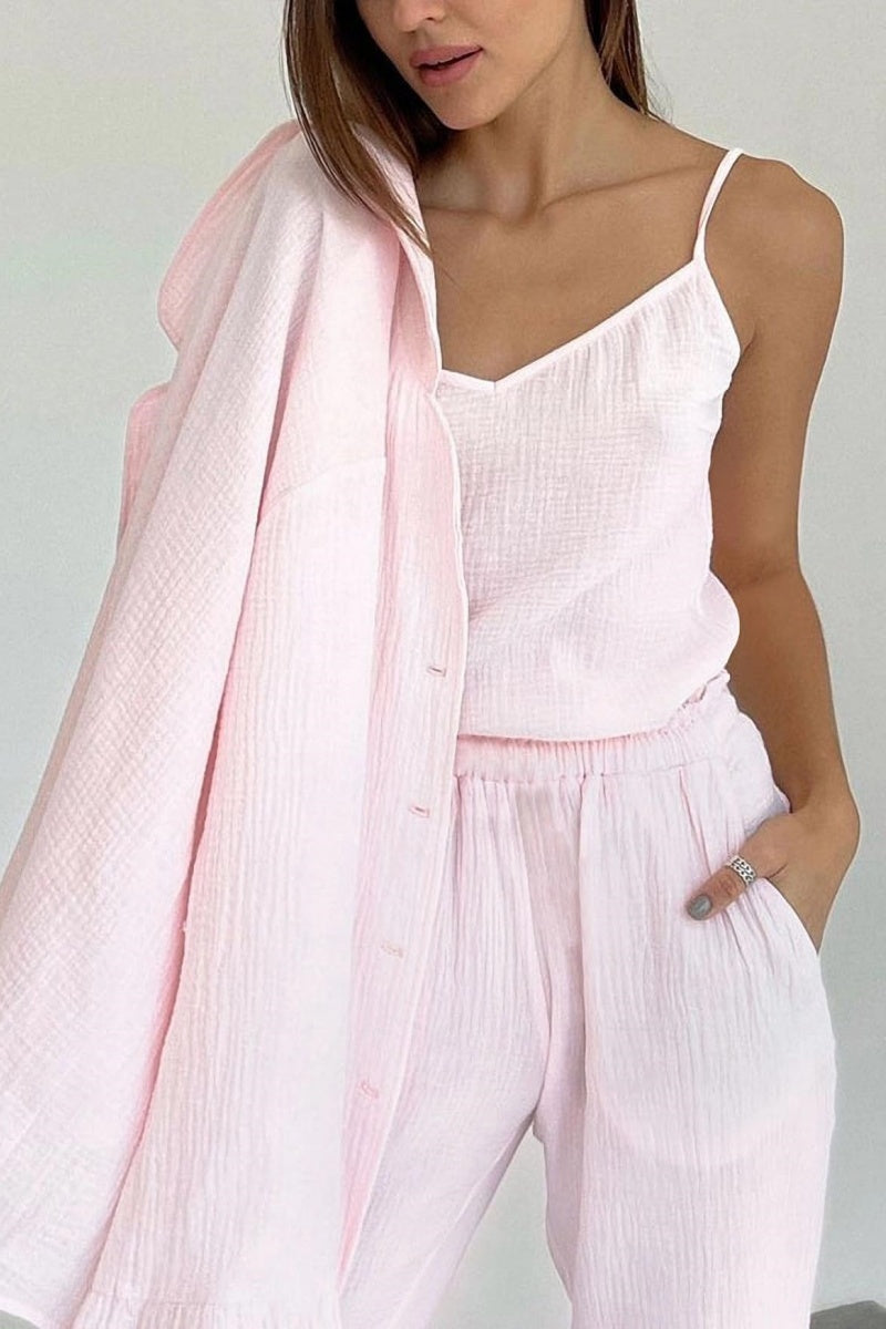 Chouyatou Womens Muslin Pajama Set Cotton Gauze Loungewear 3 Piece Long Sleeve Button Down Sleepwear Ruffle Pj Set