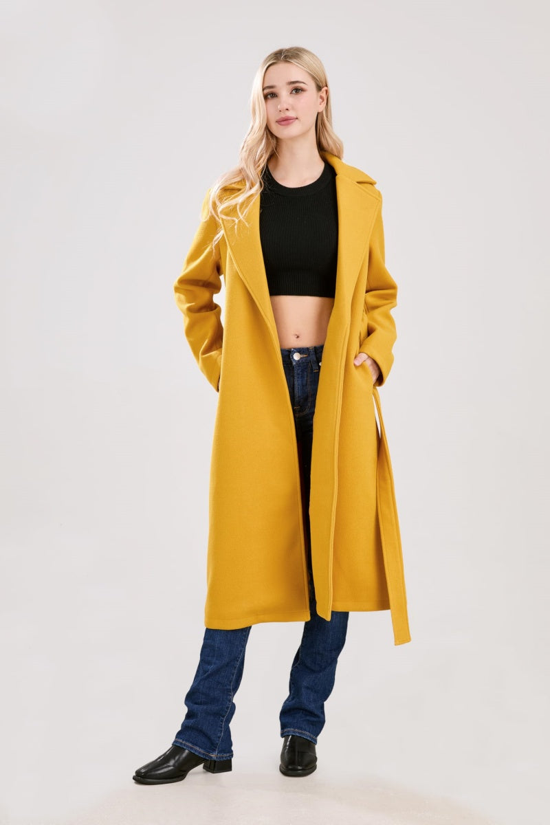 Chouyatou Womens Long Wool Pea Coats Notched Collar Open Front Woolen Blend Trench Coat with Belt
