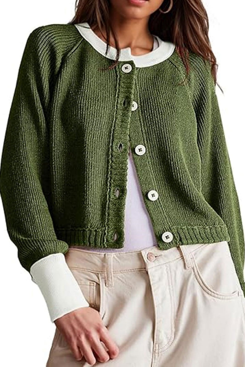 Chouyatou Women Knitted Button Down Cropped Cardigan Jacket Sweater Y2k Fall Knit Color Block Sweater Crewneck Crop Short Coat
