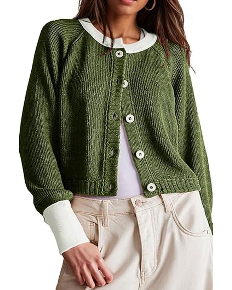 Chouyatou Women Knitted Button Down Cropped Cardigan Jacket Sweater Y2k Fall Knit Color Block Sweater Crewneck Crop Short Coat