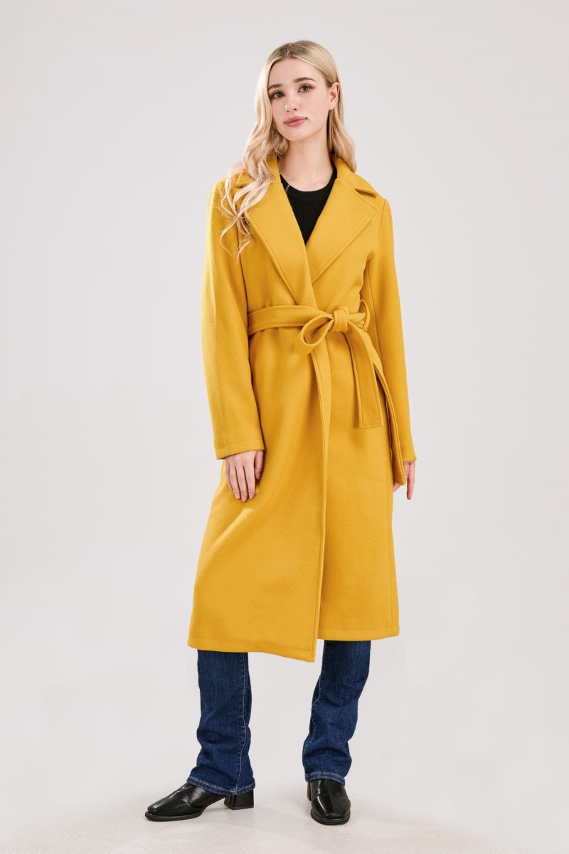 Chouyatou Womens Long Wool Pea Coats Notched Collar Open Front Woolen Blend Trench Coat with Belt