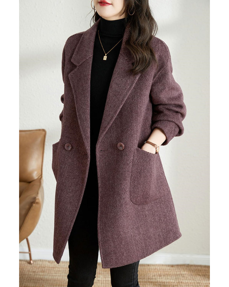 Chouyatou Women's Notch Lapel Herringbone Wool Coat Formal Office Work Double Breasted Winter Pea Coat