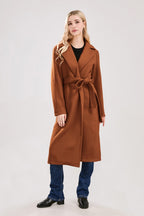 Chouyatou Womens Long Wool Pea Coats Notched Collar Open Front Woolen Blend Trench Coat with Belt