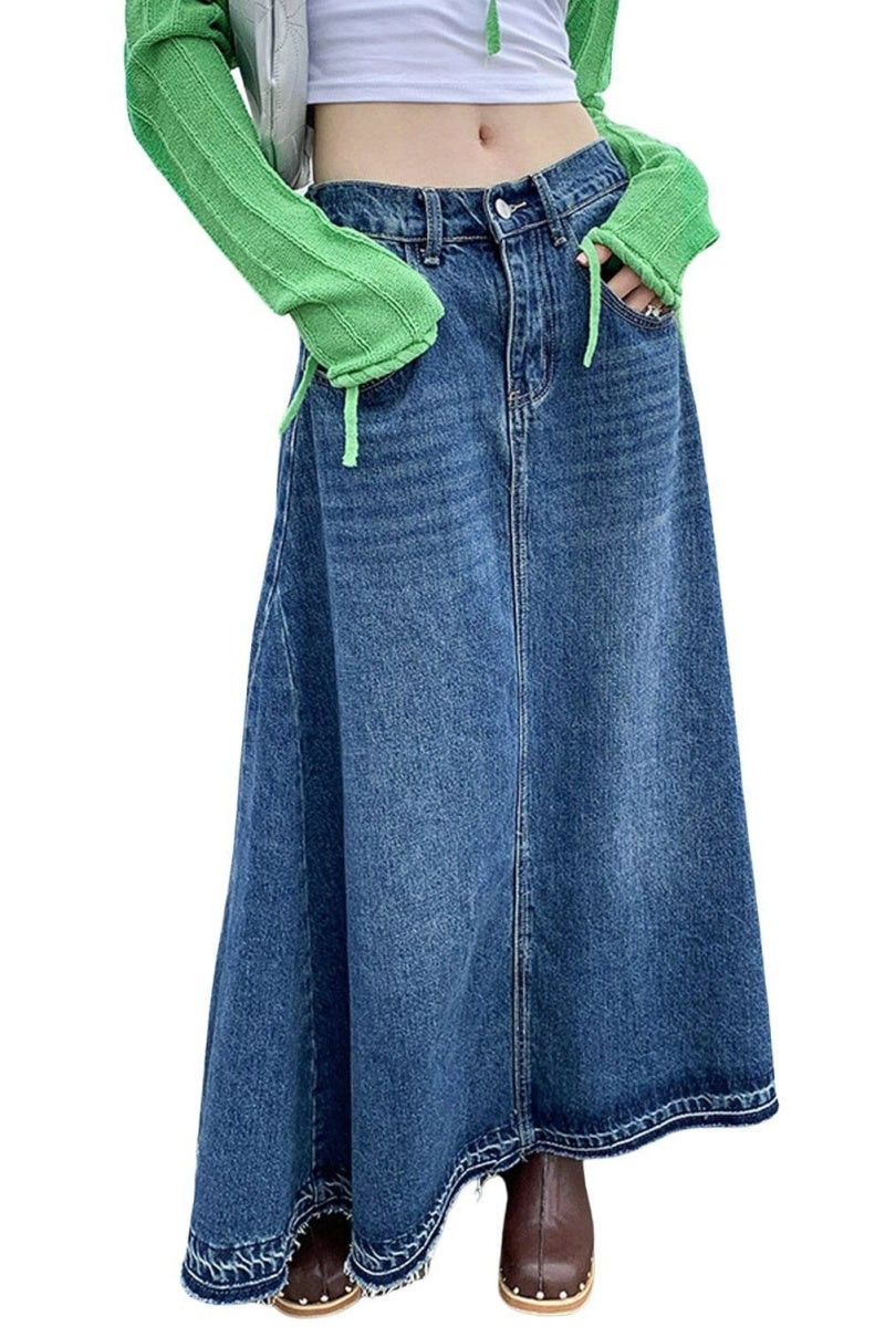 Chouyatou Women's Back Elastic High Waist A-Line Maxi Long Denim Jean Skirt