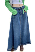 Chouyatou Women's Back Elastic High Waist A-Line Maxi Long Denim Jean Skirt