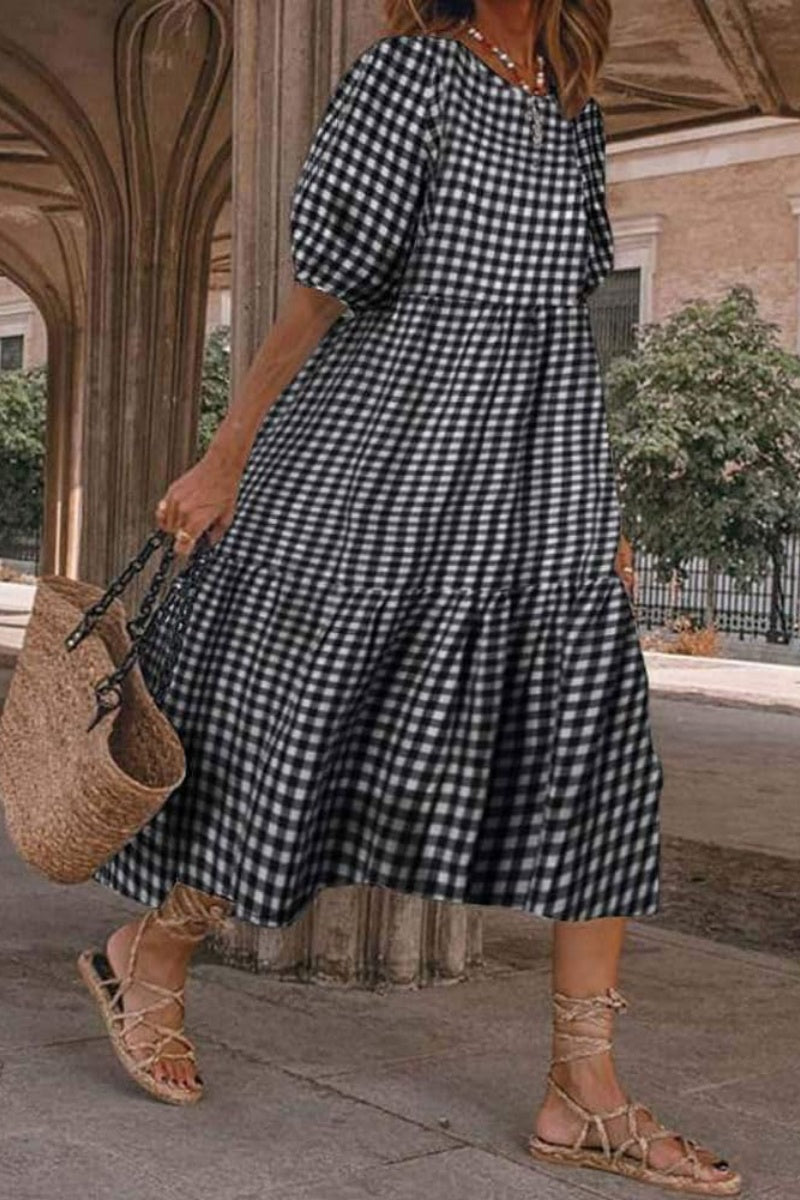 Chouyatou Women's Retro Lantern Puff Sleeve Plaid Dress Gingham Swing Tiered Midi Long Dress
