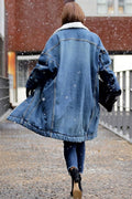 Chouyatou Women Long Sherpa Fleece Lined Jeans Jacket Denim Trench Coat Thicken Button Down Patchwork Trucker Coat