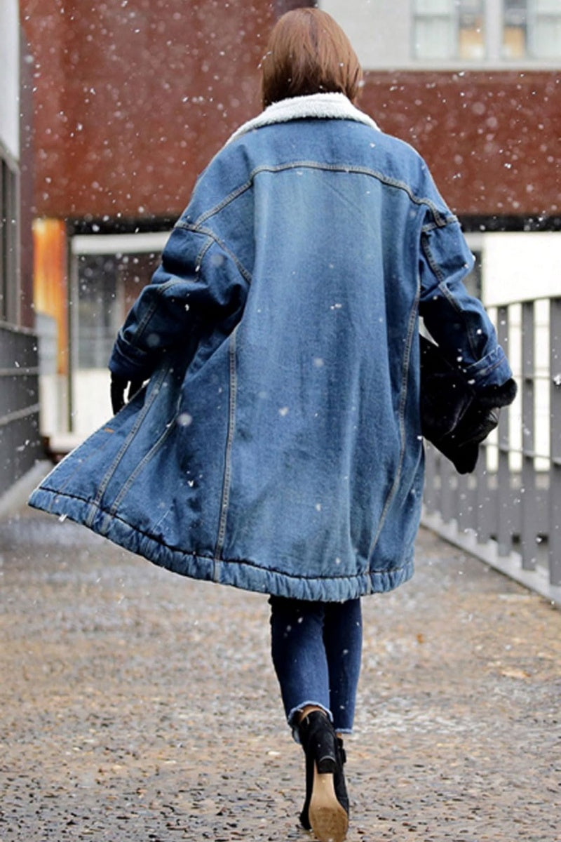 Chouyatou Women Long Sherpa Fleece Lined Jeans Jacket Denim Trench Coat Thicken Button Down Patchwork Trucker Coat