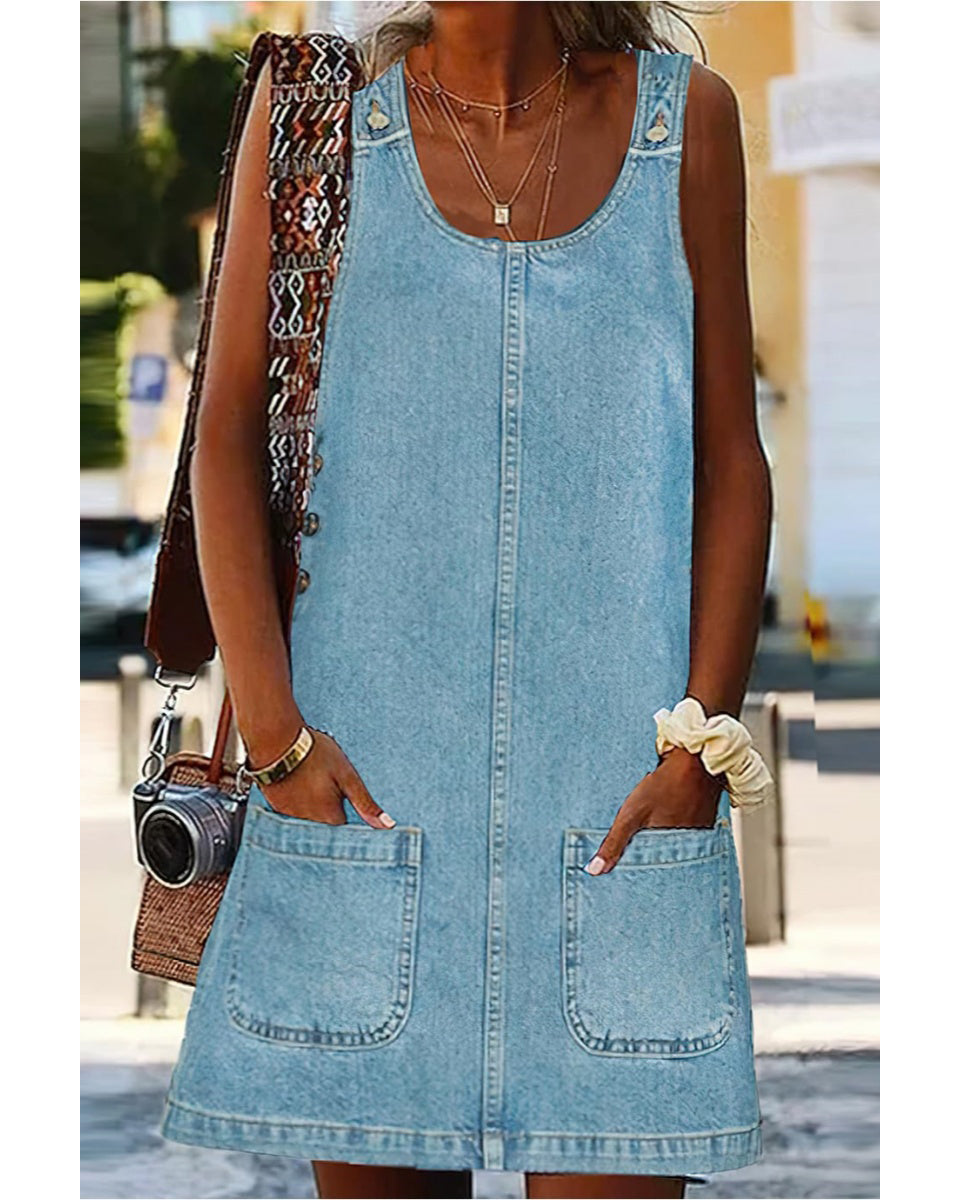 Chouyatou Women's Vintage Distressed Sleeveless Baggy Loose Denim Mini Dress with Pocket