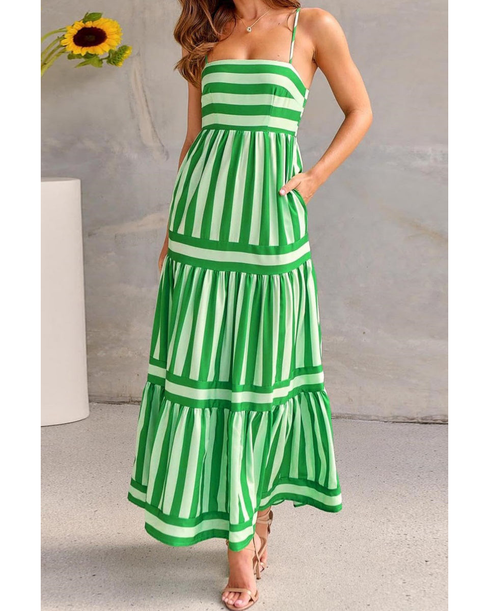 Chouyatou Women Spaghetti Strap Back Smocked Maxi Striped Dress Summer Casual Floral Flowy Beach Sun Dress