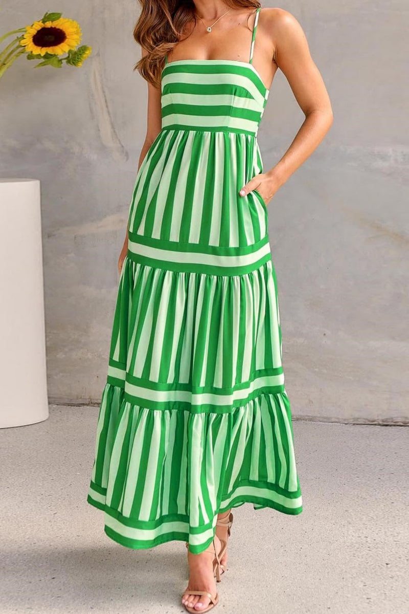 Chouyatou Women Spaghetti Strap Back Smocked Maxi Striped Dress Summer Casual Floral Flowy Beach Sun Dress