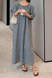 Chouyatou Women's Casual Gingham Loose-Fit Swing Dress Cotton Linen Lantern Puff Sleeve Plaid Maxi Dress