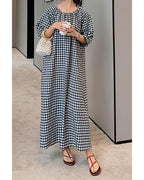Chouyatou Women's Casual Gingham Loose-Fit Swing Dress Cotton Linen Lantern Puff Sleeve Plaid Maxi Dress