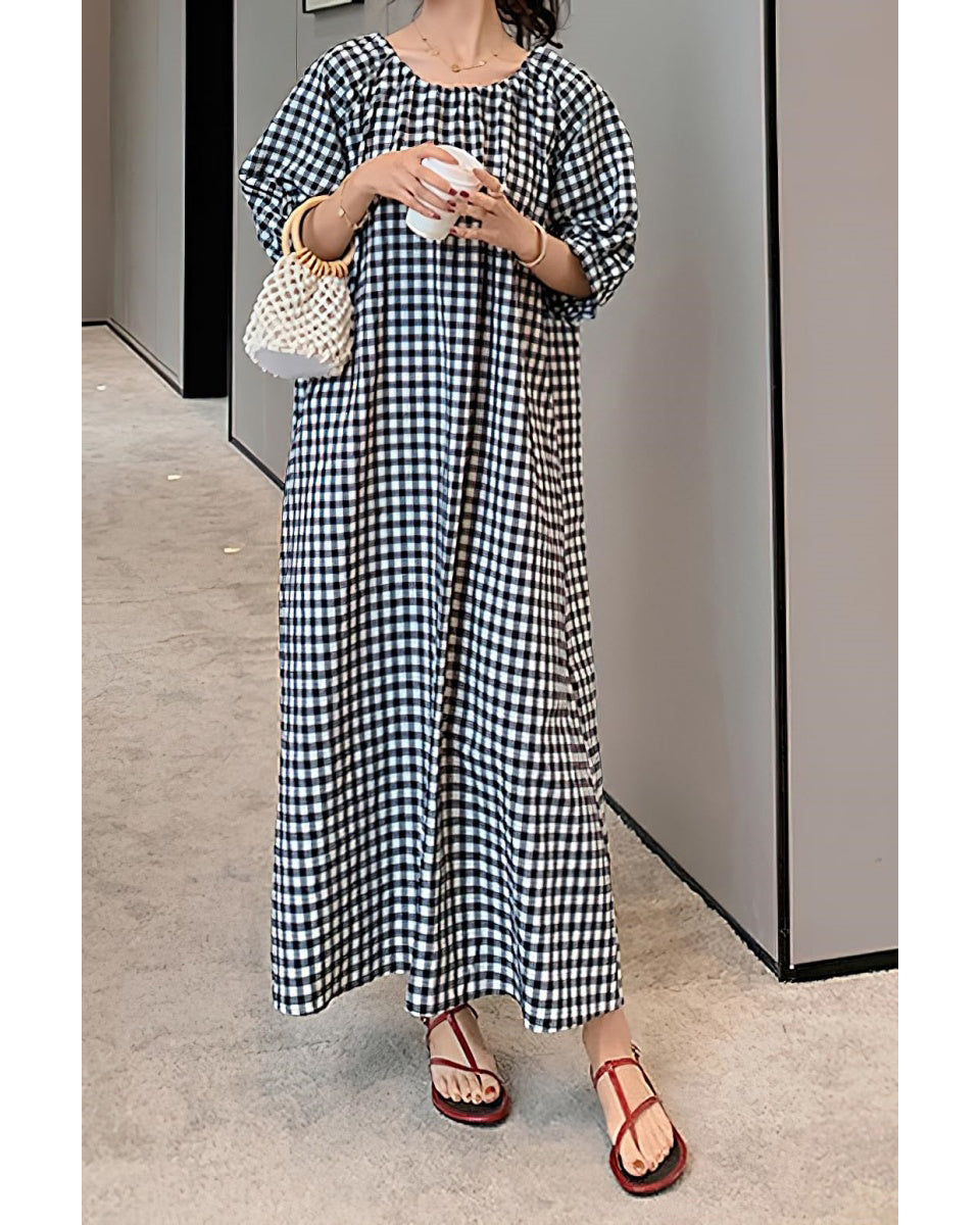 Chouyatou Women's Casual Gingham Loose-Fit Swing Dress Cotton Linen Lantern Puff Sleeve Plaid Maxi Dress