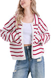 Chouyatou Women's Button Down Striped Cardigan Sweater Polo Collar Open Front Knit Jacket 2024 Fall Outfits