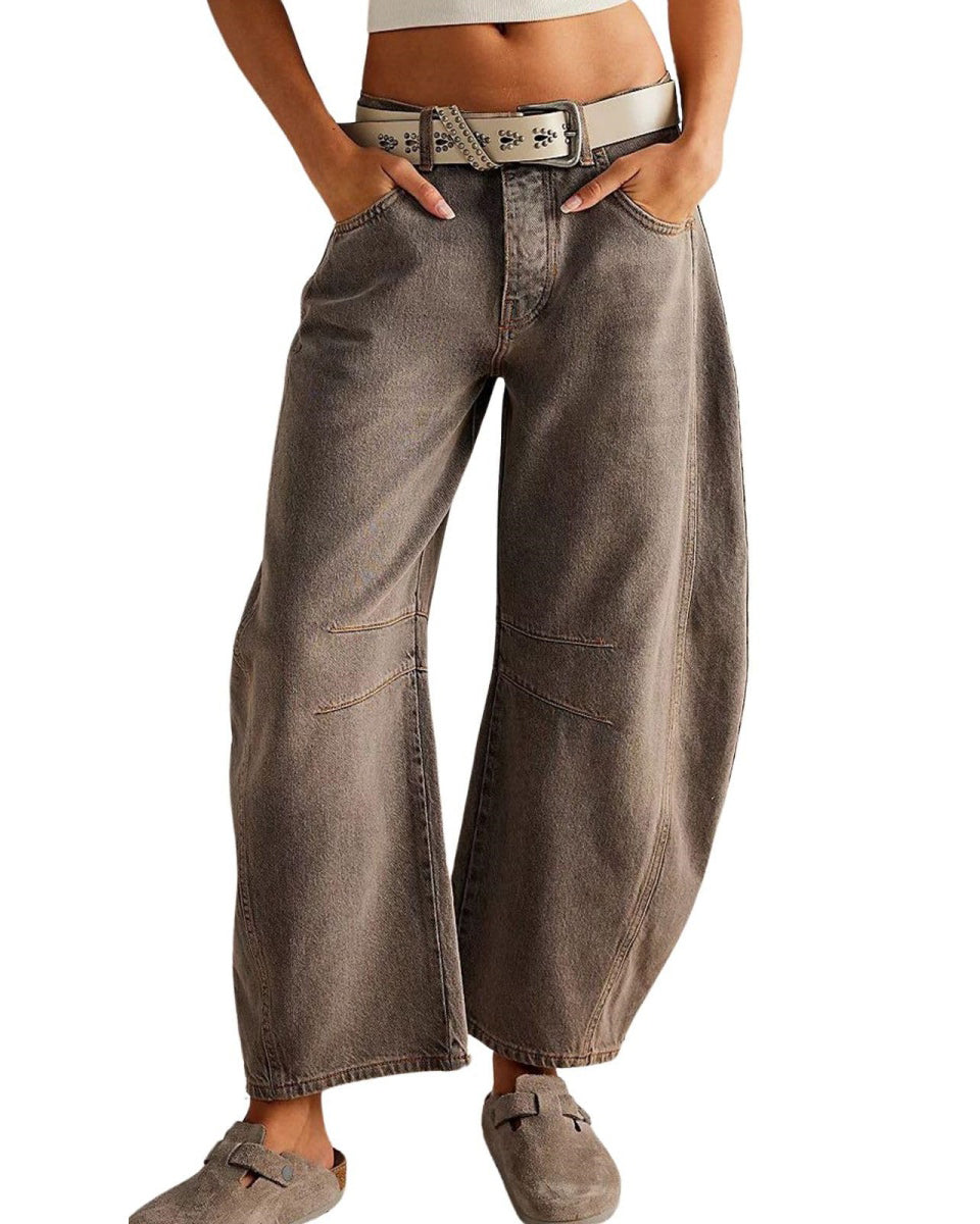 Chouyatou Barrel Jeans Women Wide Leg Cropped Jeans Y2k Mid Rise Baggy Jeans Boyfriend Denim Pants Harem Pants