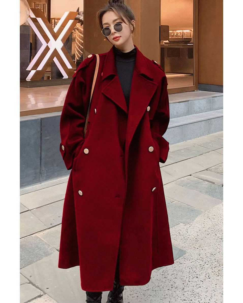 Chouyatou chouyatou Women's Winter Double Breasted Midi Long Wool Pea Coat Notch Lapel Winter Trench Coat