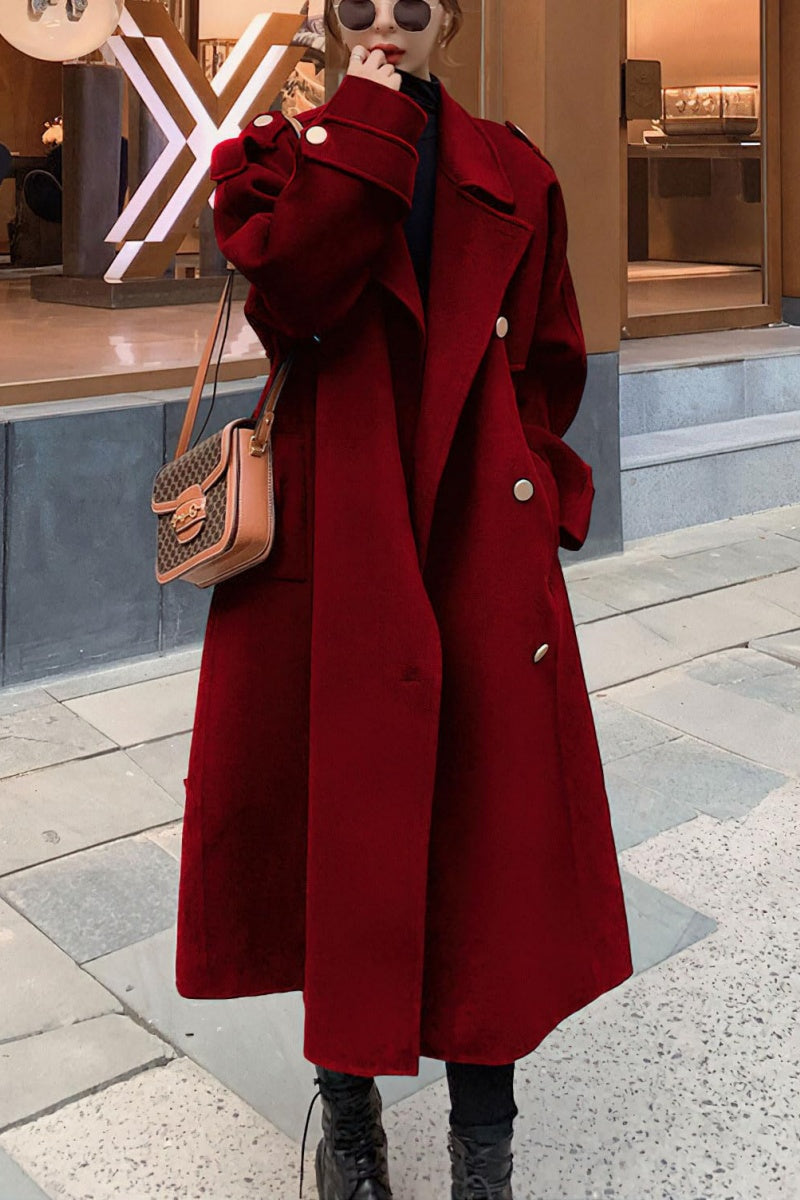 Chouyatou chouyatou Women's Winter Double Breasted Midi Long Wool Pea Coat Notch Lapel Winter Trench Coat