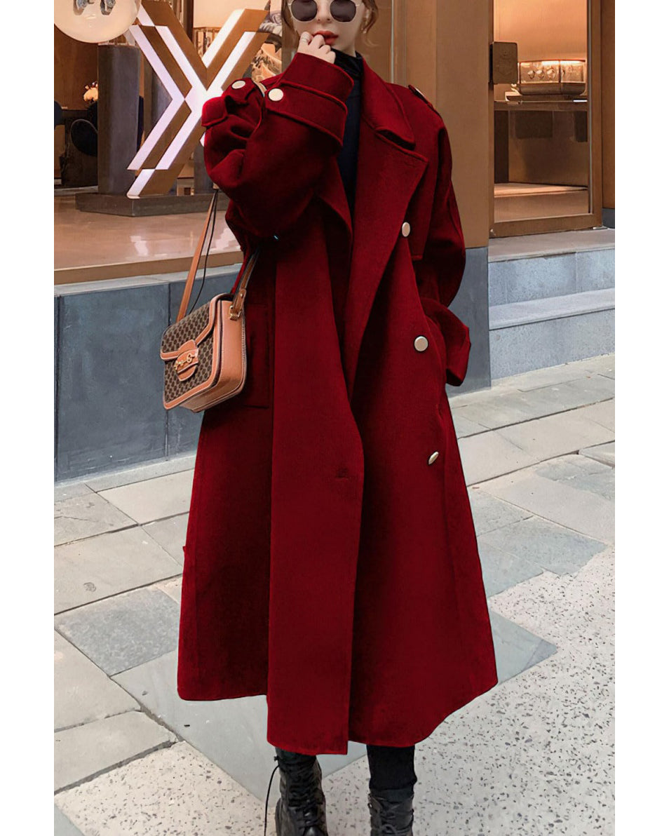 Chouyatou chouyatou Women's Winter Double Breasted Midi Long Wool Pea Coat Notch Lapel Winter Trench Coat