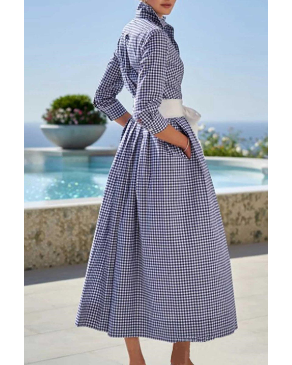 Chouyatou Women's Retro Plaid Button Up Maxi Shirt Dress 3/4 Sleeve Gingham Pocketed Long Dress with Belt