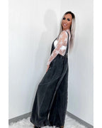 Chouyatou Denim Overalls for Women Casual Adjustable Straps Wide Leg Raw Hem Jeans Bib Overalls Jumpsuits