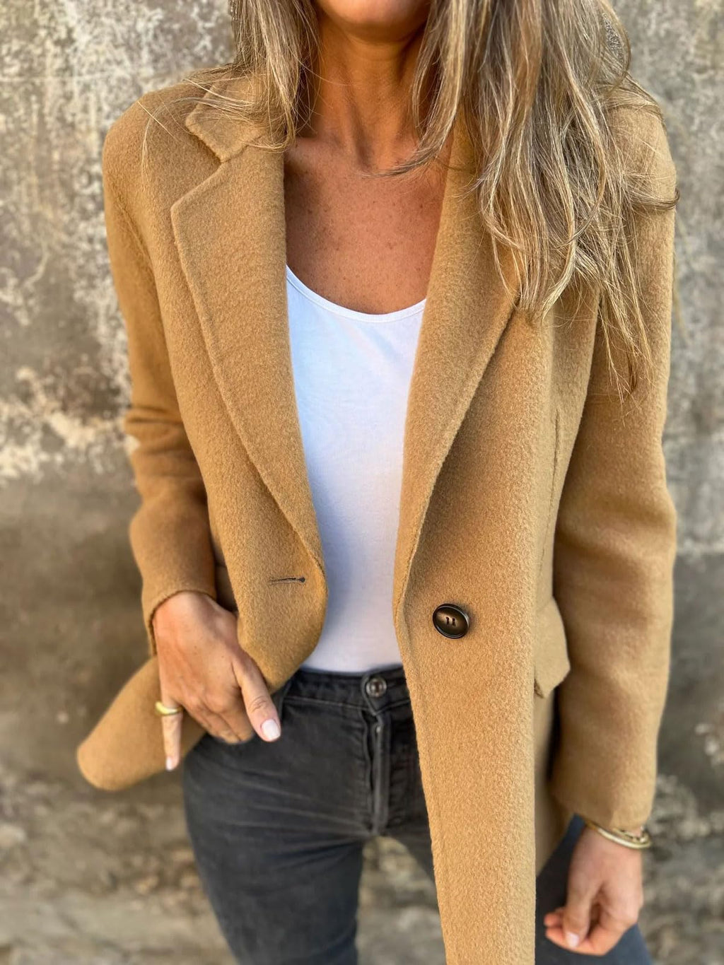 Chouyatou Women Solid Color Blazer Wool Blend Causal Business Office Open Front Short Jacket Pea Coat