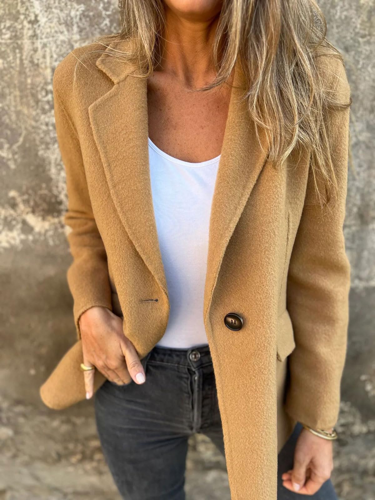 Chouyatou Women Solid Color Blazer Wool Blend Causal Business Office Open Front Short Jacket Pea Coat