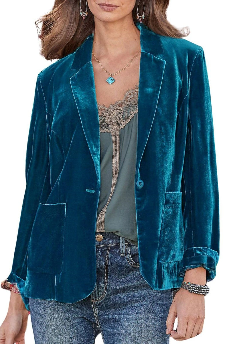 Chouyatou Casual 1 Button Velvet Jacket Women Velvet Cardigan Blazer Office Work Short Coat Suit Jacket with Pocket