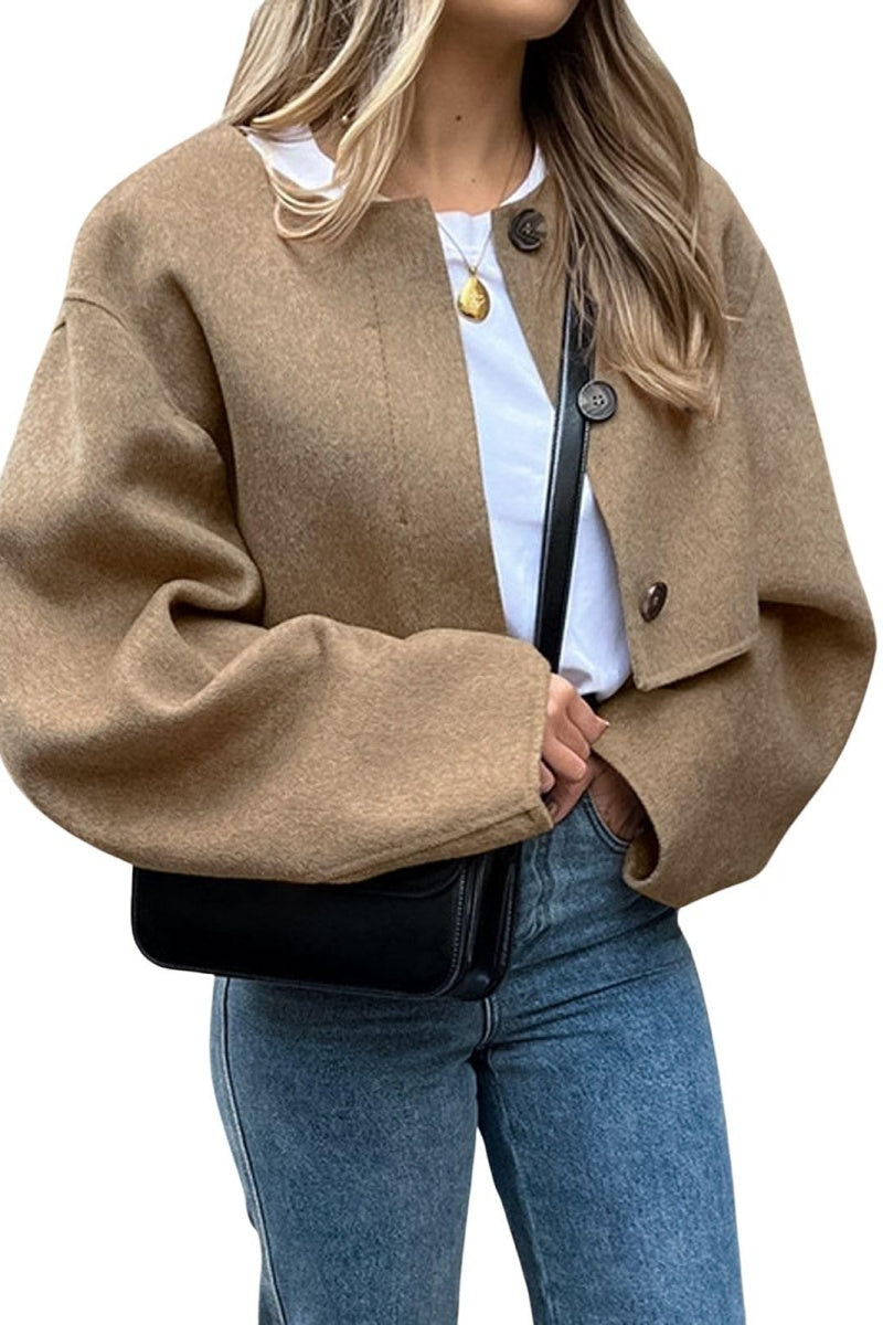 Chouyatou Women Cropped Wool Blend Pea Coat Short Jacket Peacoat Long Sleeve Button Down Crop Jacket