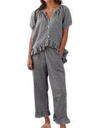 Chouyatou Womens Gingham Pajama Set 2 Piece Short Sleeve Babydoll Shirt and Pants Lounge Set Cute Sleepwear