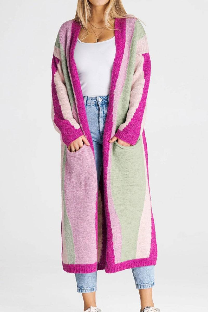 Chouyatou Women's Fall Open Front Color Block Long Cardigan Sweater Coat Casual Vertical Striped Coatigan