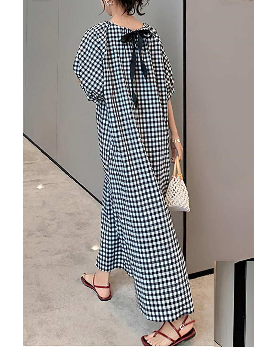 Chouyatou Women's Casual Gingham Loose-Fit Swing Dress Cotton Linen Lantern Puff Sleeve Plaid Maxi Dress